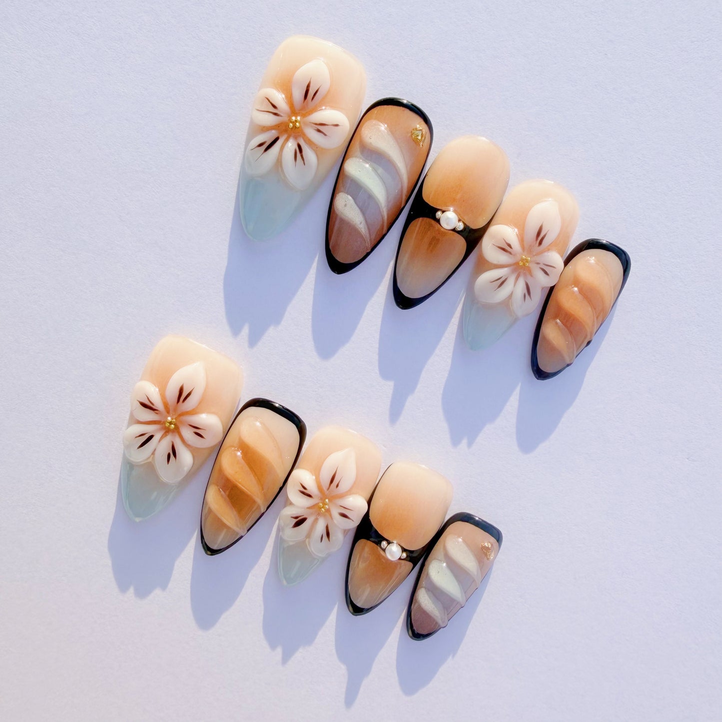Cream Floral Amber Ombre Press-On Nails – Elegant Almond Tips with 3D Flowers & Black Accents