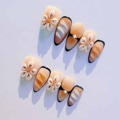 Cream Floral Amber Ombre Press-On Nails – Elegant Almond Tips with 3D Flowers & Black Accents
