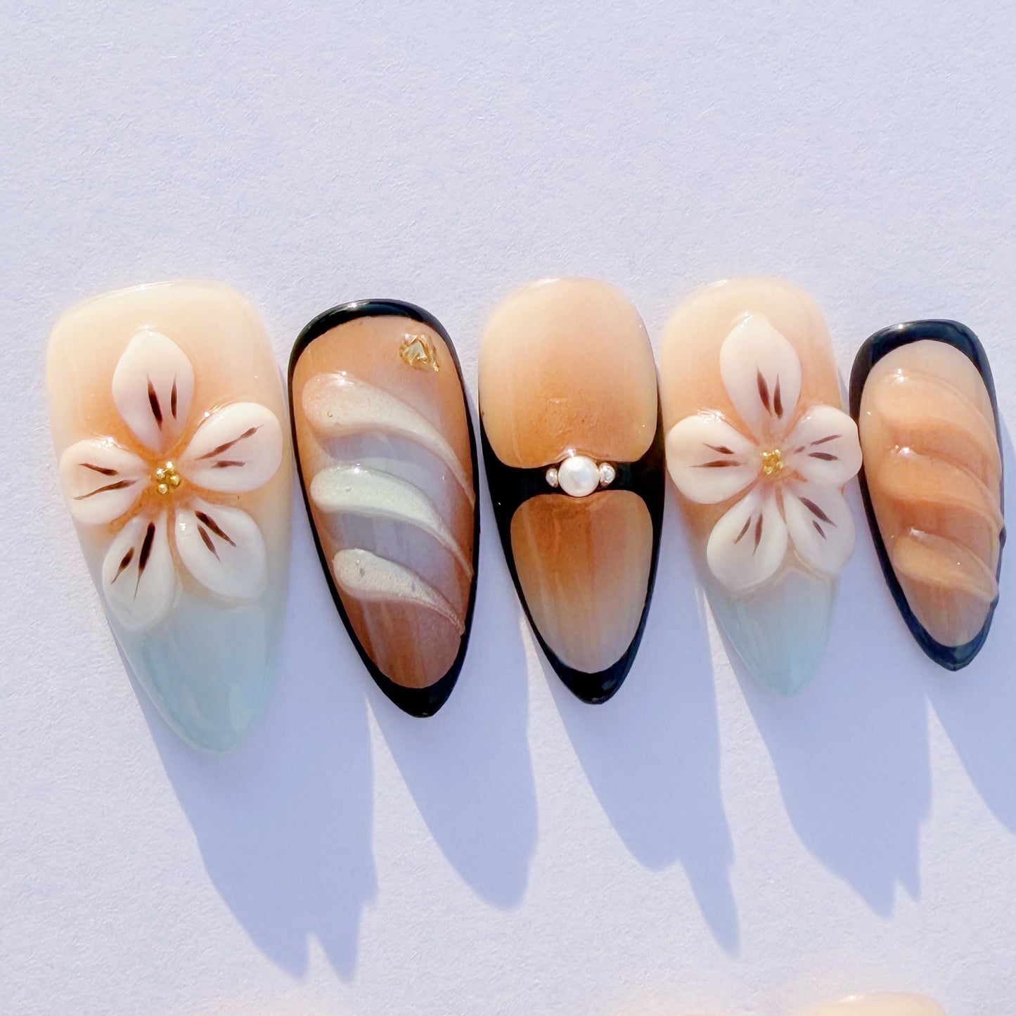 Cream Floral Amber Ombre Press-On Nails – Elegant Almond Tips with 3D Flowers & Black Accents