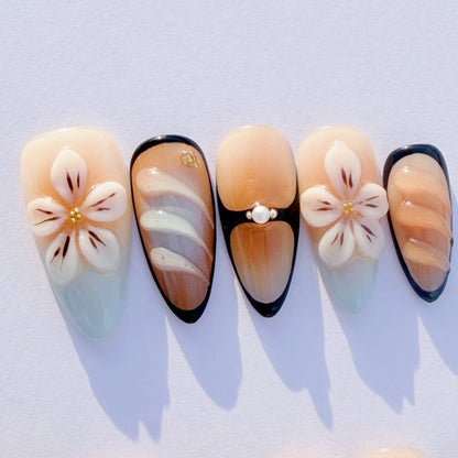 Cream Floral Amber Ombre Press-On Nails – Elegant Almond Tips with 3D Flowers & Black Accents