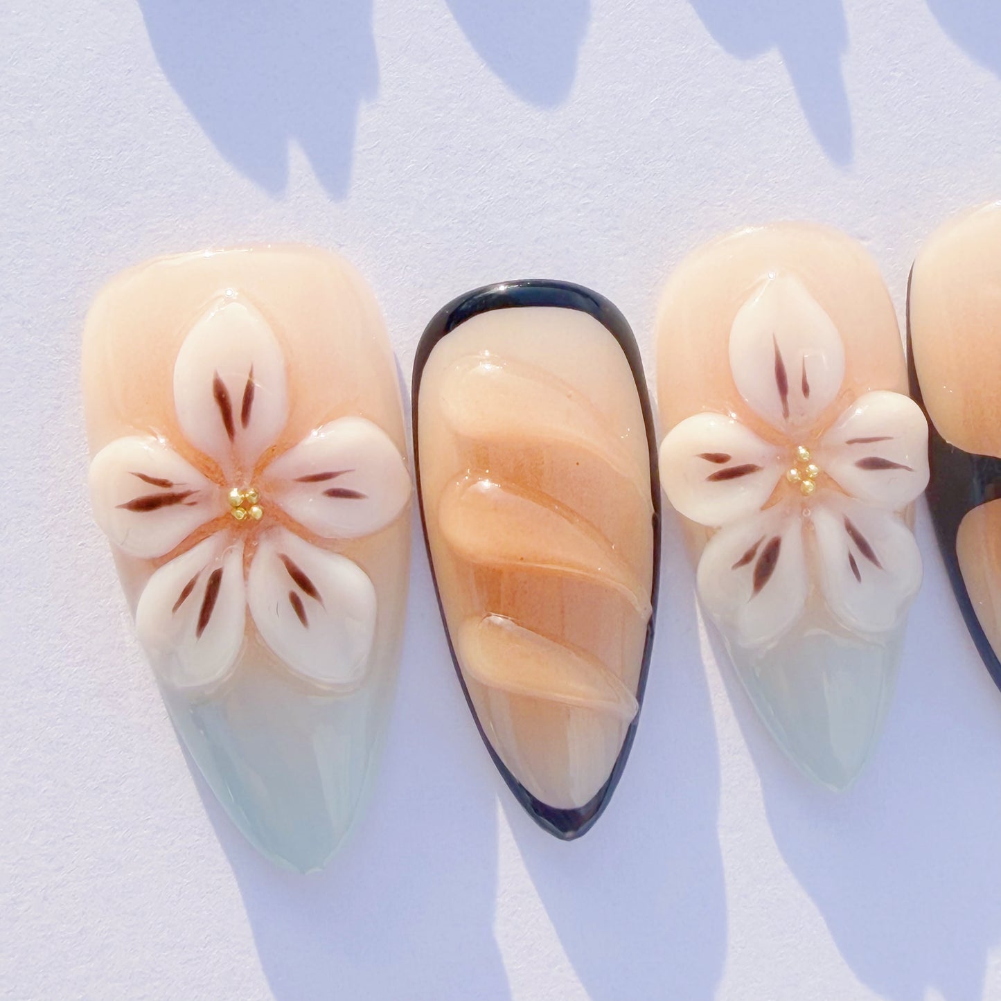 Cream Floral Amber Ombre Press-On Nails – Elegant Almond Tips with 3D Flowers & Black Accents