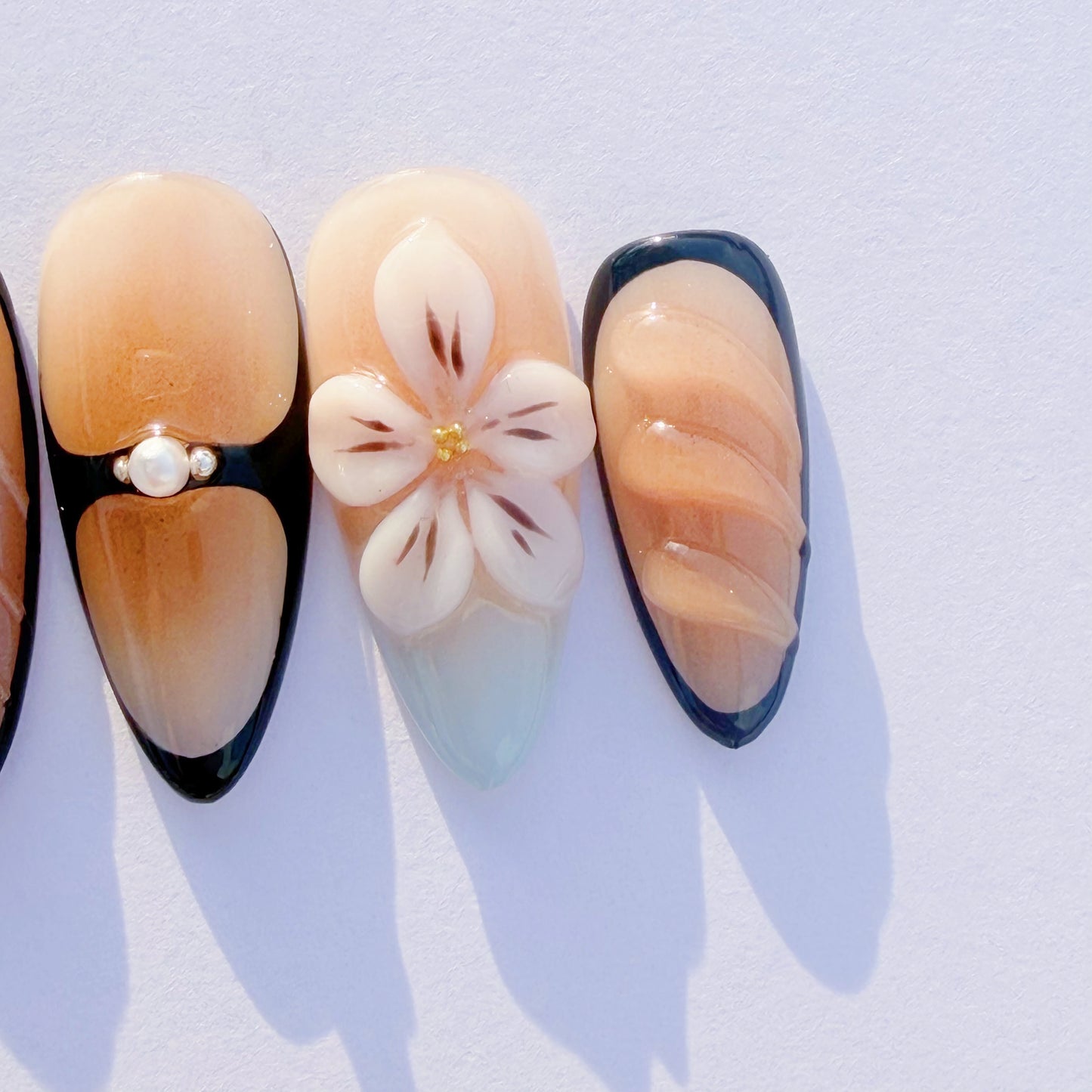 Cream Floral Amber Ombre Press-On Nails – Elegant Almond Tips with 3D Flowers & Black Accents