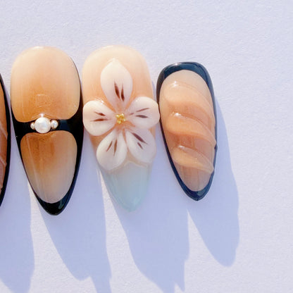 Cream Floral Amber Ombre Press-On Nails – Elegant Almond Tips with 3D Flowers & Black Accents