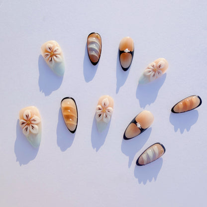 Cream Floral Amber Ombre Press-On Nails – Elegant Almond Tips with 3D Flowers & Black Accents