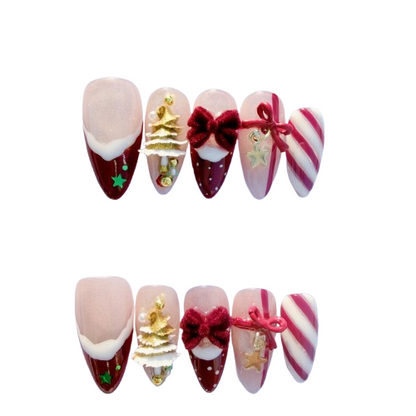 Christmas Candy Cane Press-On Nails – Red French Tips, Golden Tree Charms & Velvet Bow | Holiday Luxury Fake Nails