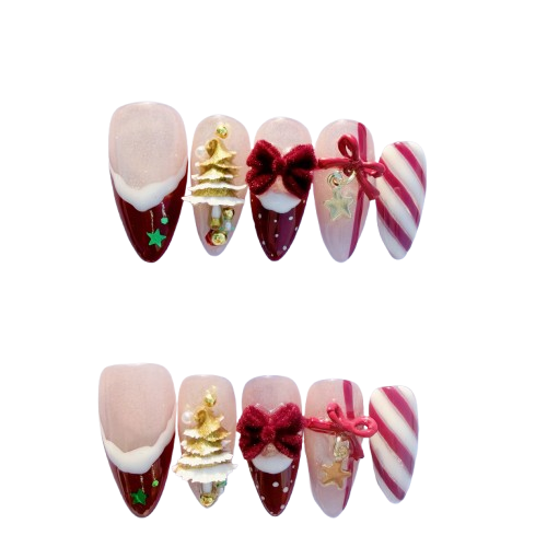 Christmas Candy Cane Press-On Nails – Red French Tips, Golden Tree Charms & Velvet Bow | Holiday Luxury Fake Nails