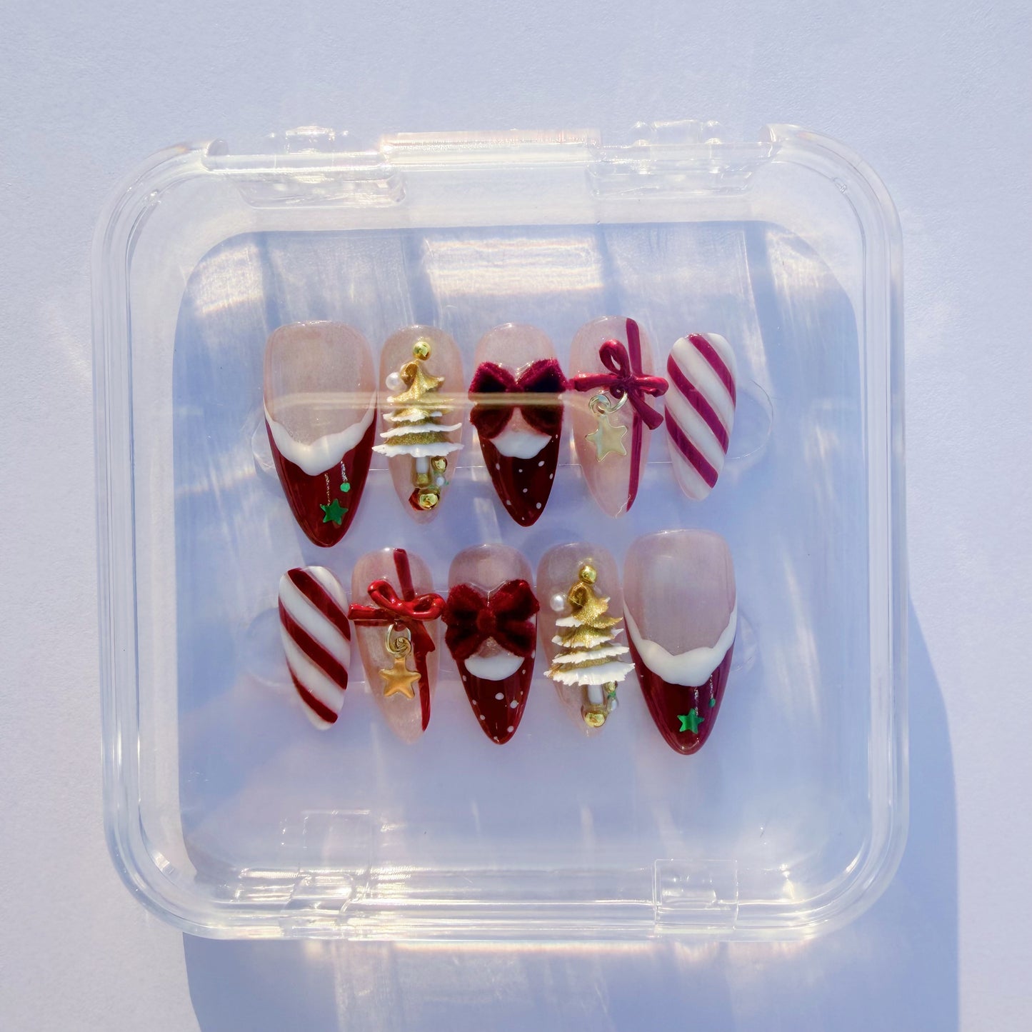 Christmas Candy Cane Press-On Nails – Red French Tips, Golden Tree Charms & Velvet Bow | Holiday Luxury Fake Nails