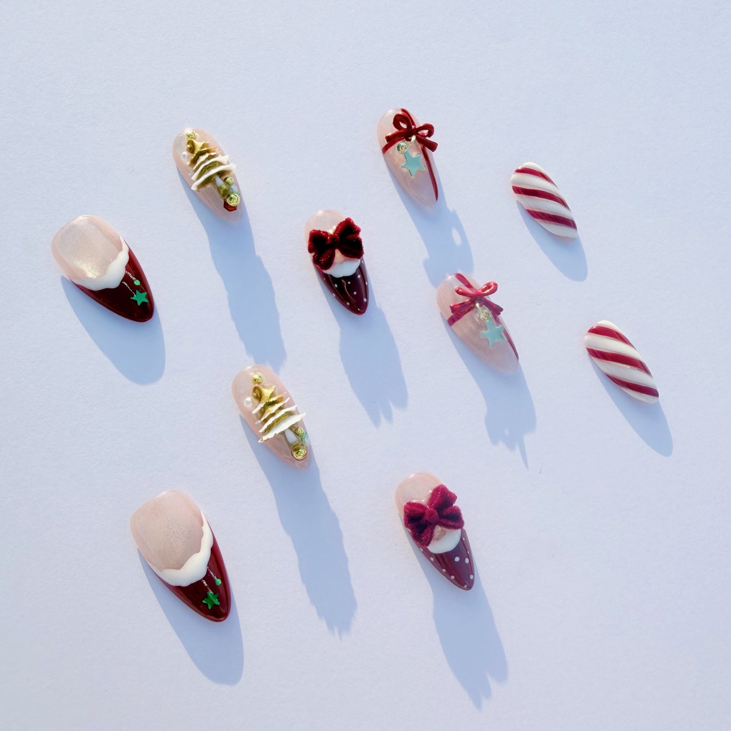 Christmas Candy Cane Press-On Nails – Red French Tips, Golden Tree Charms & Velvet Bow | Holiday Luxury Fake Nails