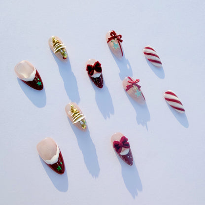 Christmas Candy Cane Press-On Nails – Red French Tips, Golden Tree Charms & Velvet Bow | Holiday Luxury Fake Nails