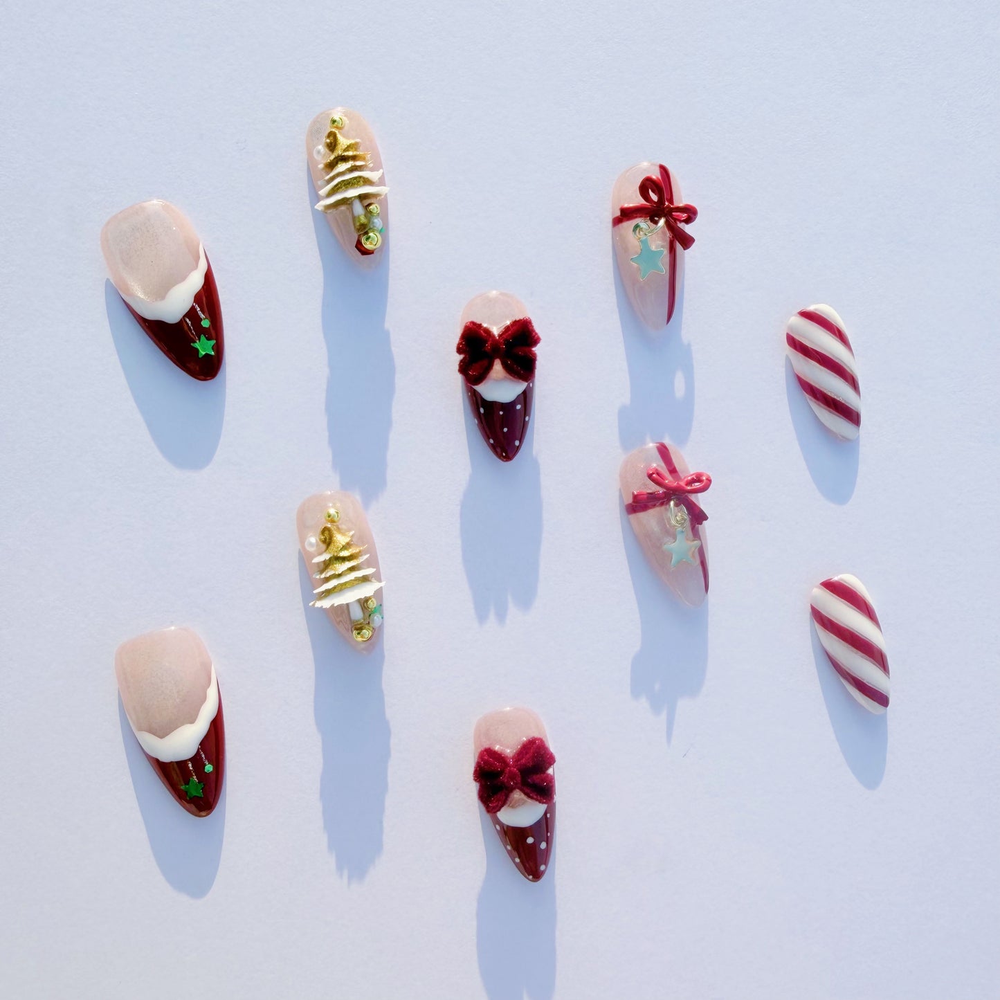Christmas Candy Cane Press-On Nails – Red French Tips, Golden Tree Charms & Velvet Bow | Holiday Luxury Fake Nails