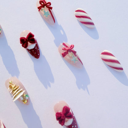 Christmas Candy Cane Press-On Nails – Red French Tips, Golden Tree Charms & Velvet Bow | Holiday Luxury Fake Nails