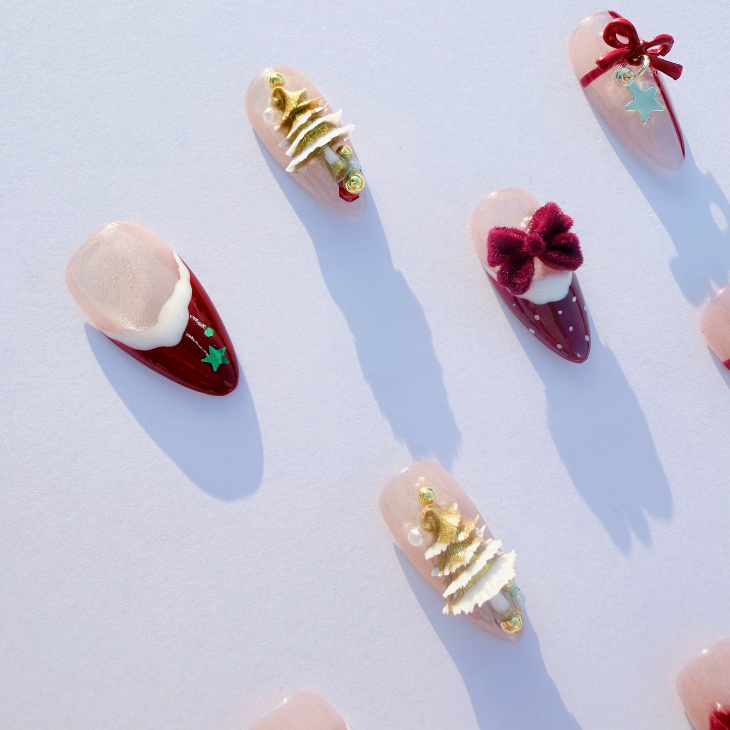 Christmas Candy Cane Press-On Nails – Red French Tips, Golden Tree Charms & Velvet Bow | Holiday Luxury Fake Nails