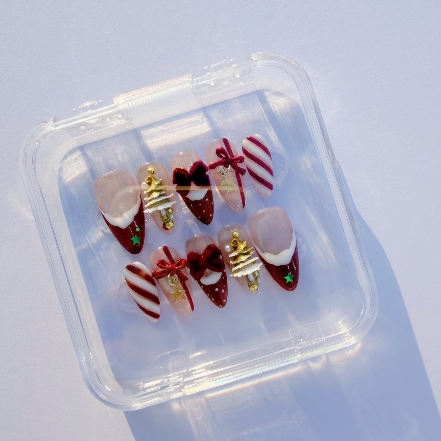 Christmas Candy Cane Press-On Nails – Red French Tips, Golden Tree Charms & Velvet Bow | Holiday Luxury Fake Nails
