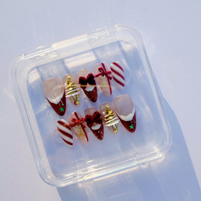 Christmas Candy Cane Press-On Nails – Red French Tips, Golden Tree Charms & Velvet Bow | Holiday Luxury Fake Nails