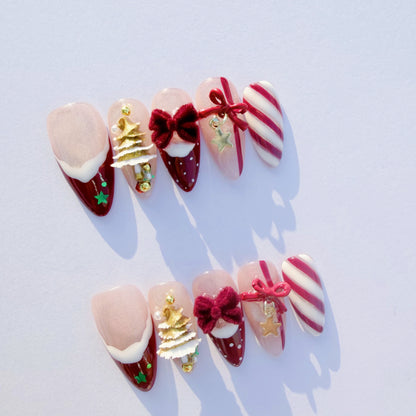 Christmas Candy Cane Press-On Nails – Red French Tips, Golden Tree Charms & Velvet Bow | Holiday Luxury Fake Nails