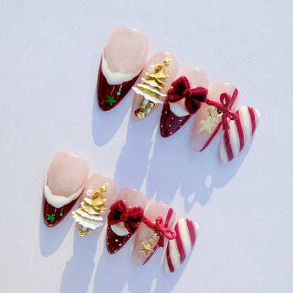 Christmas Candy Cane Press-On Nails – Red French Tips, Golden Tree Charms & Velvet Bow | Holiday Luxury Fake Nails