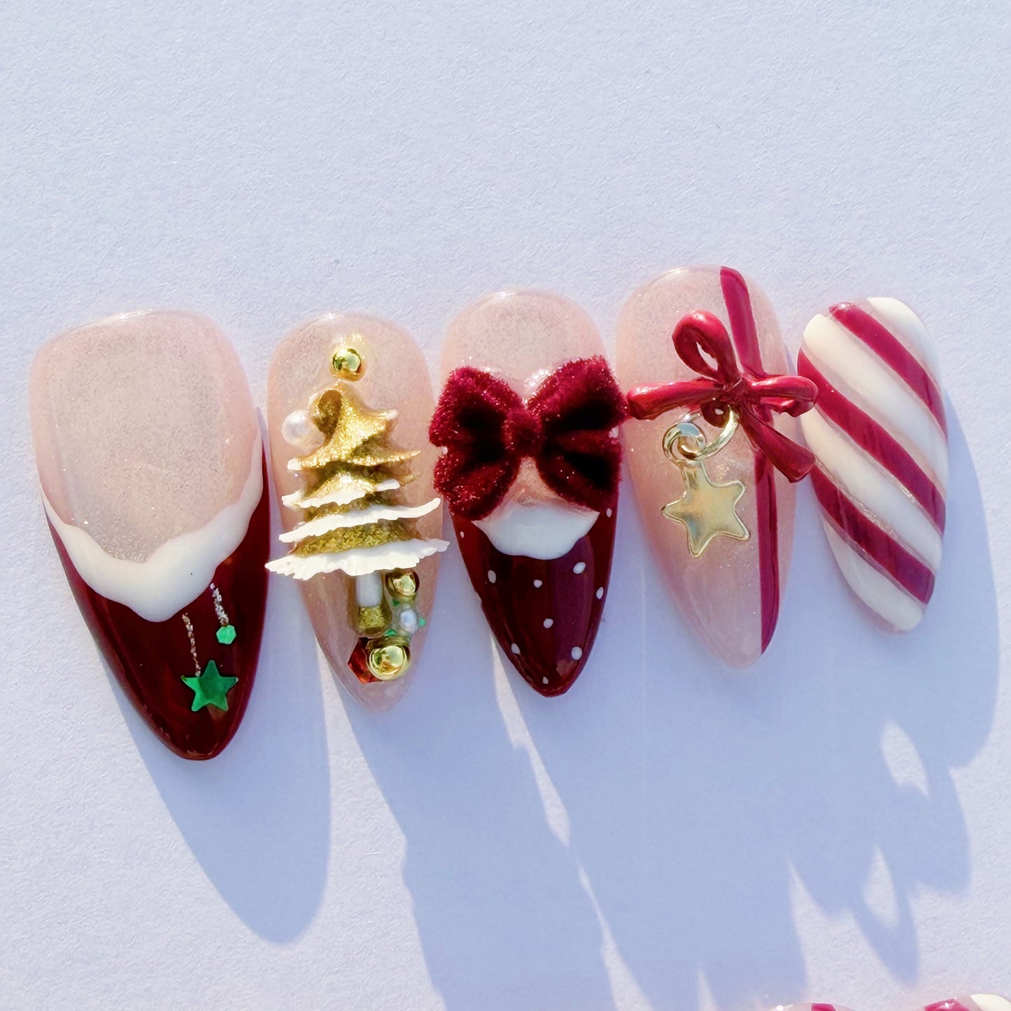 Christmas Candy Cane Press-On Nails – Red French Tips, Golden Tree Charms & Velvet Bow | Holiday Luxury Fake Nails