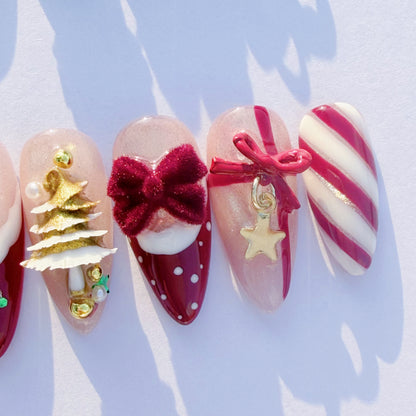 Christmas Candy Cane Press-On Nails – Red French Tips, Golden Tree Charms & Velvet Bow | Holiday Luxury Fake Nails