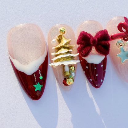 Christmas Candy Cane Press-On Nails – Red French Tips, Golden Tree Charms & Velvet Bow | Holiday Luxury Fake Nails