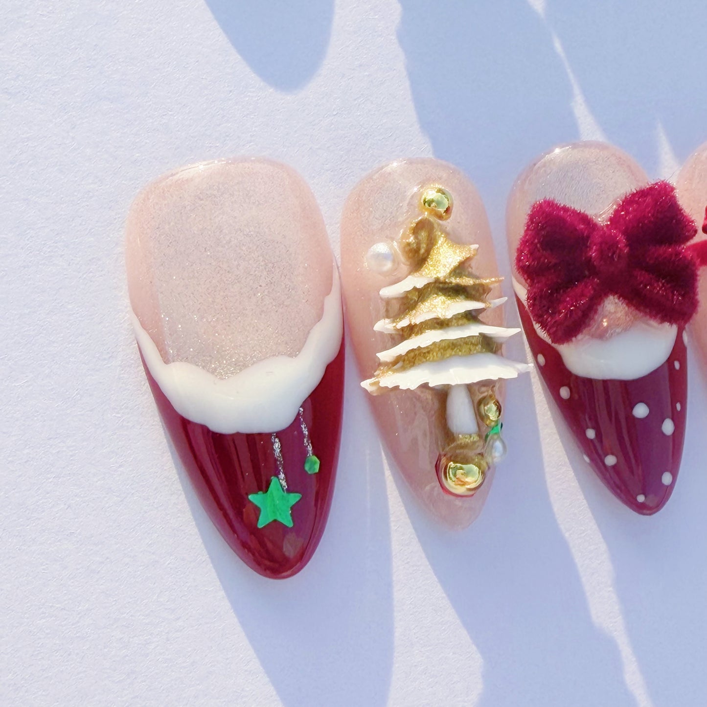 Christmas Candy Cane Press-On Nails – Red French Tips, Golden Tree Charms & Velvet Bow | Holiday Luxury Fake Nails