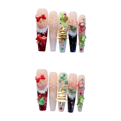 3D Christmas Press-On Nails – Snowflake Holiday Nails with Gifts, Bells, Tree Charms & Glitter | Festive Winter Fake Nails