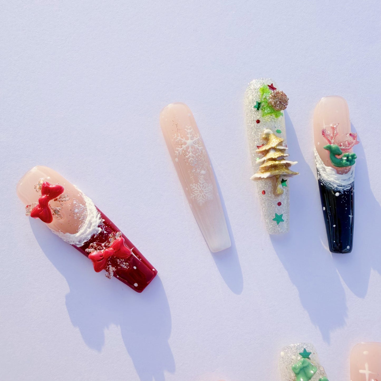 3D Christmas Press-On Nails – Snowflake Holiday Nails with Gifts, Bells, Tree Charms & Glitter | Festive Winter Fake Nails