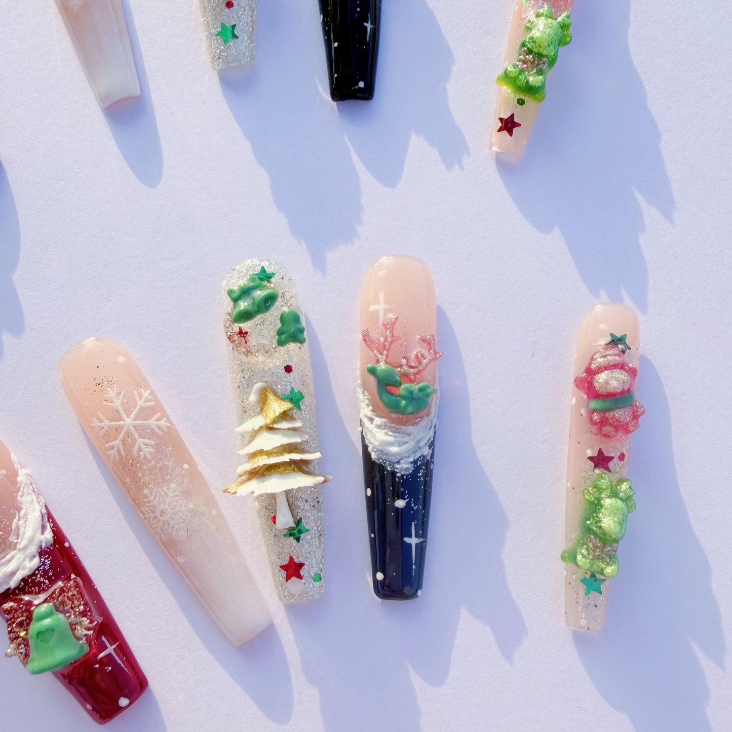 3D Christmas Press-On Nails – Snowflake Holiday Nails with Gifts, Bells, Tree Charms & Glitter | Festive Winter Fake Nails