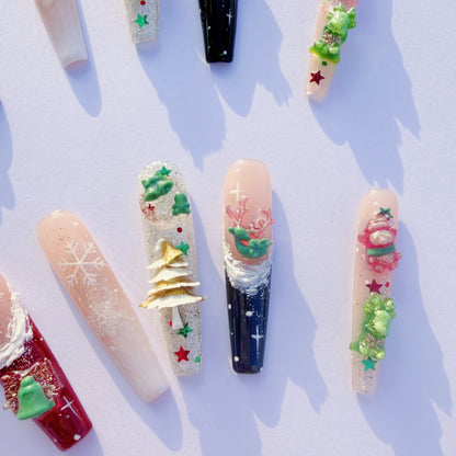3D Christmas Press-On Nails – Snowflake Holiday Nails with Gifts, Bells, Tree Charms & Glitter | Festive Winter Fake Nails