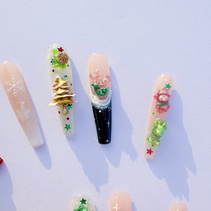 3D Christmas Press-On Nails – Snowflake Holiday Nails with Gifts, Bells, Tree Charms & Glitter | Festive Winter Fake Nails