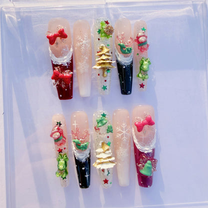 3D Christmas Press-On Nails – Snowflake Holiday Nails with Gifts, Bells, Tree Charms & Glitter | Festive Winter Fake Nails