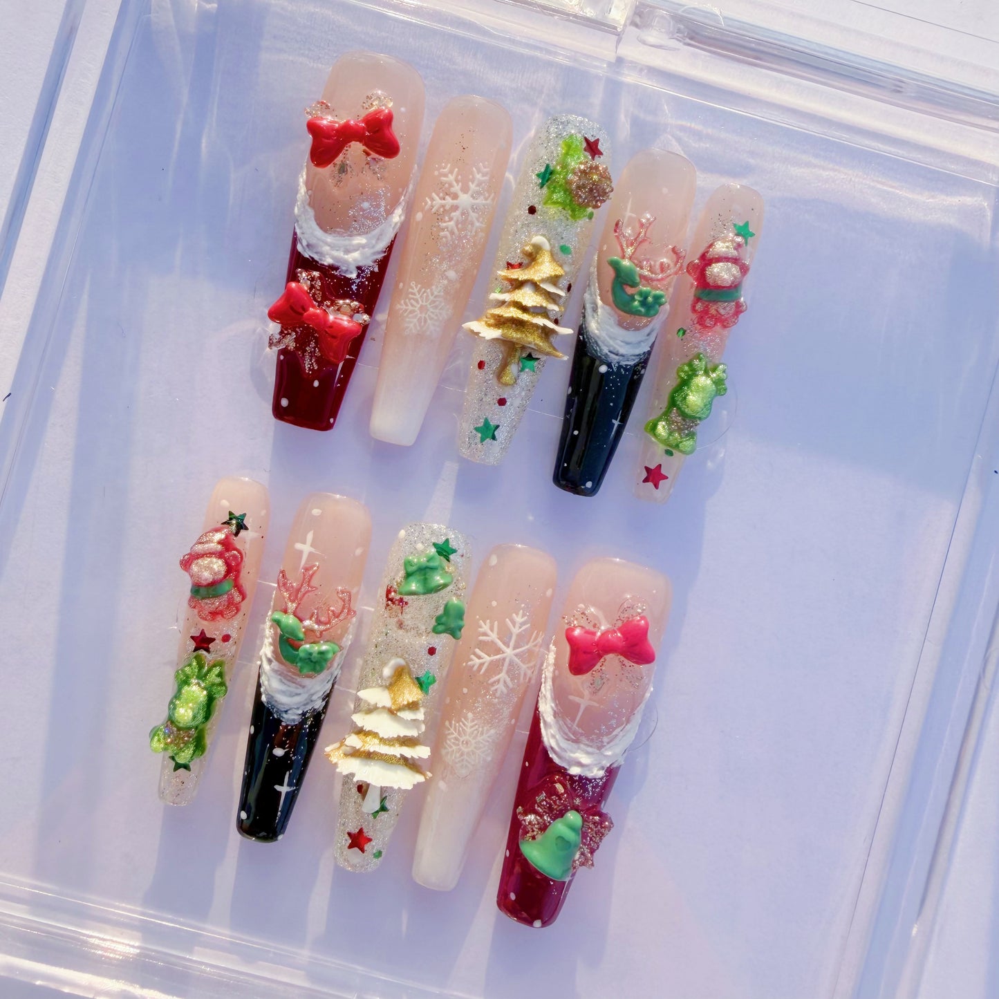 3D Christmas Press-On Nails – Snowflake Holiday Nails with Gifts, Bells, Tree Charms & Glitter | Festive Winter Fake Nails