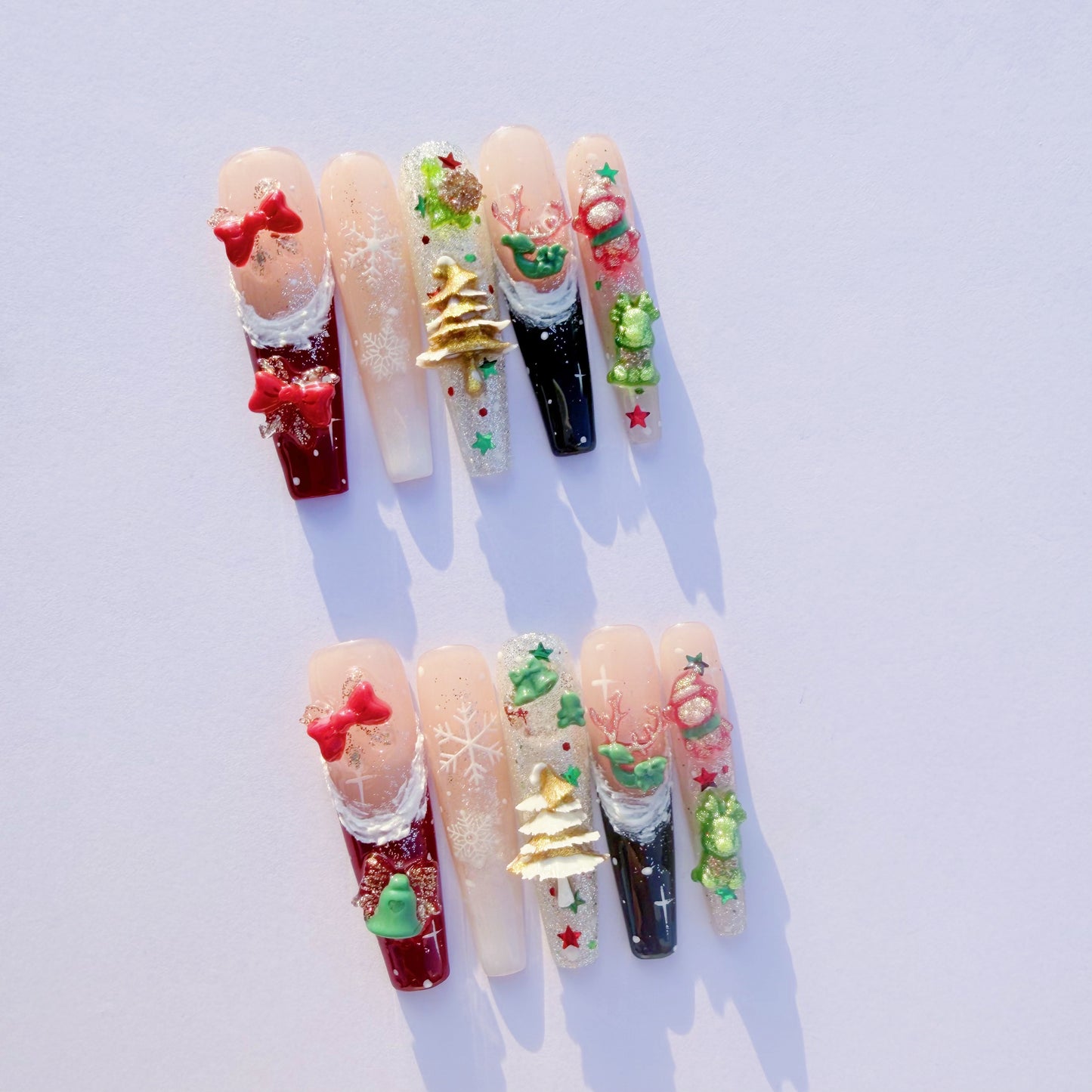 3D Christmas Press-On Nails – Snowflake Holiday Nails with Gifts, Bells, Tree Charms & Glitter | Festive Winter Fake Nails
