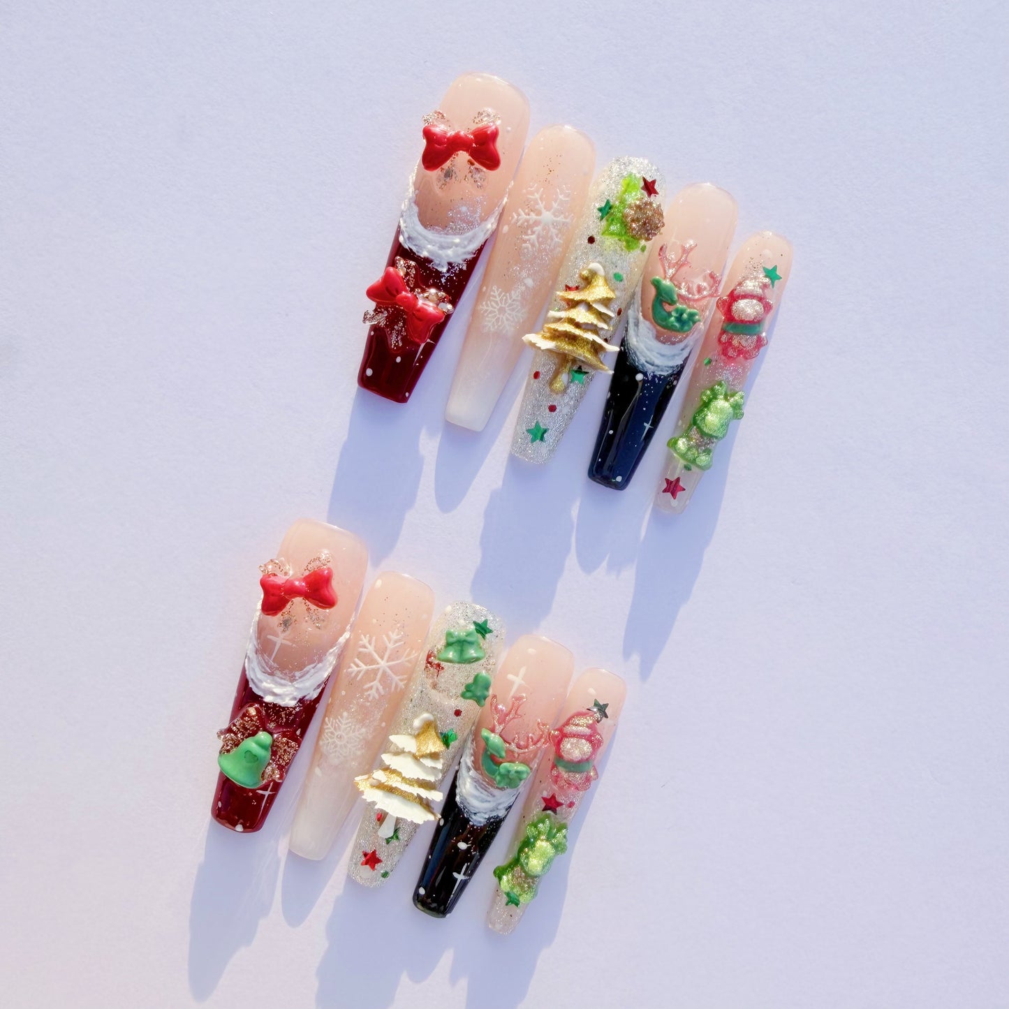 3D Christmas Press-On Nails – Snowflake Holiday Nails with Gifts, Bells, Tree Charms & Glitter | Festive Winter Fake Nails