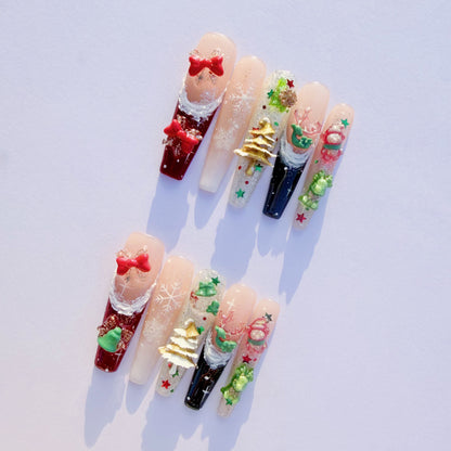 3D Christmas Press-On Nails – Snowflake Holiday Nails with Gifts, Bells, Tree Charms & Glitter | Festive Winter Fake Nails