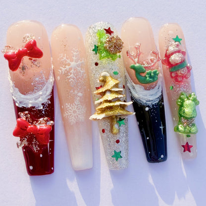 3D Christmas Press-On Nails – Snowflake Holiday Nails with Gifts, Bells, Tree Charms & Glitter | Festive Winter Fake Nails