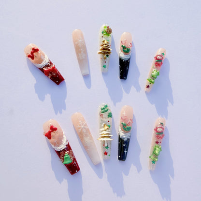 3D Christmas Press-On Nails – Snowflake Holiday Nails with Gifts, Bells, Tree Charms & Glitter | Festive Winter Fake Nails