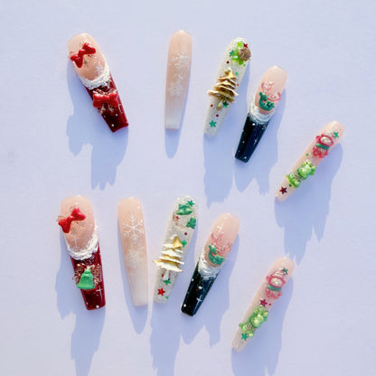 3D Christmas Press-On Nails – Snowflake Holiday Nails with Gifts, Bells, Tree Charms & Glitter | Festive Winter Fake Nails