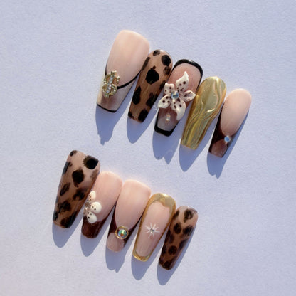Wild Romance Leopard Press-On Nails – Luxury Nude & Gold Coffin | 3D Flower & Animal Print Set