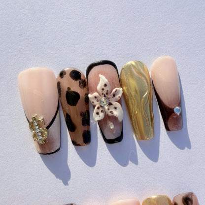 Wild Romance Leopard Press-On Nails – Luxury Nude & Gold Coffin | 3D Flower & Animal Print Set