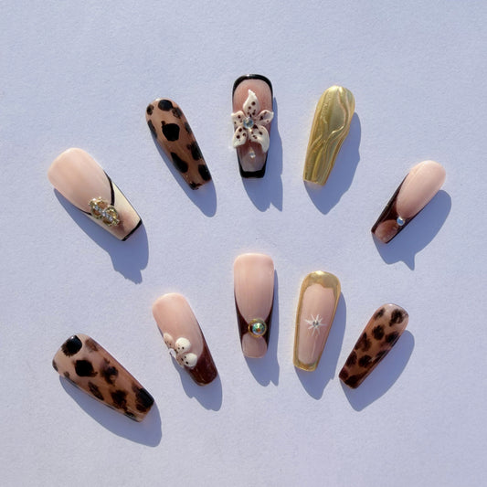 Wild Romance Leopard Press-On Nails – Luxury Nude & Gold Coffin | 3D Flower & Animal Print Set