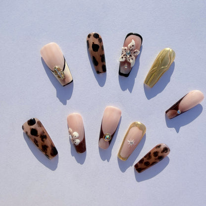 Wild Romance Leopard Press-On Nails – Luxury Nude & Gold Coffin | 3D Flower & Animal Print Set