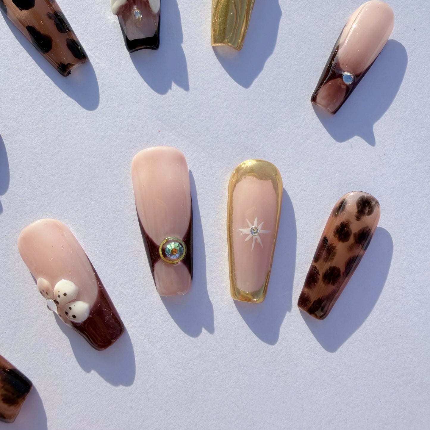 Wild Romance Leopard Press-On Nails – Luxury Nude & Gold Coffin | 3D Flower & Animal Print Set