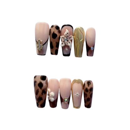 Wild Romance Leopard Press-On Nails – Luxury Nude & Gold Coffin | 3D Flower & Animal Print Set