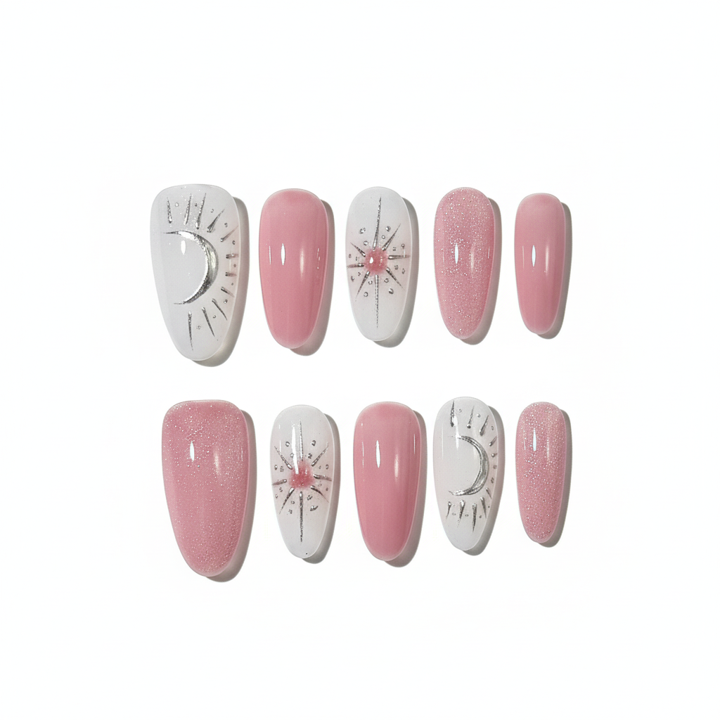 Clean Girl Celestial Press-On Nails: The Pink & White Shimmer Set