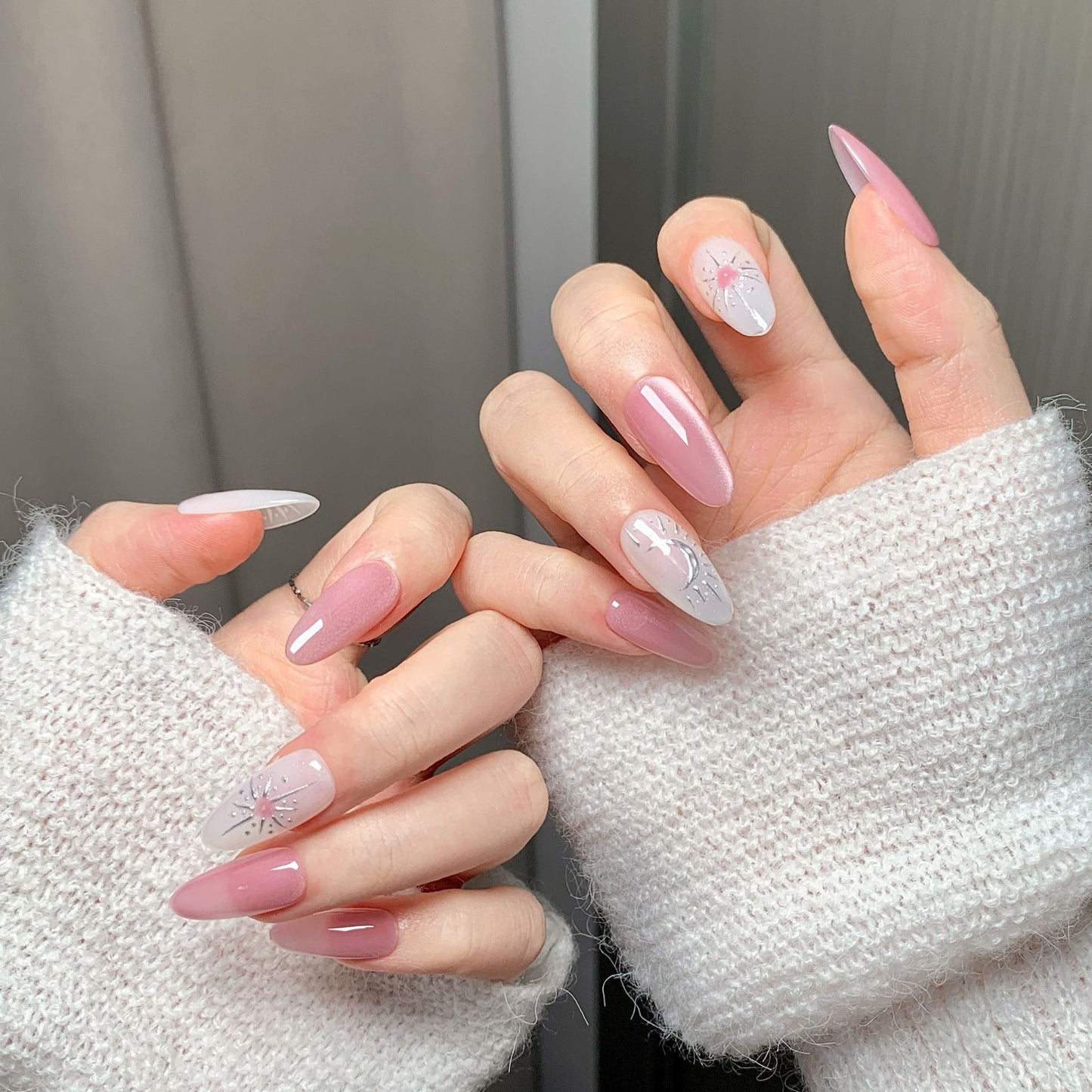 Clean Girl Celestial Press-On Nails: The Pink & White Shimmer Set