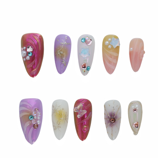 Celestial Dream Butterfly Press-On Nails – Romantic Purple & Nude Mix with 3D Gems