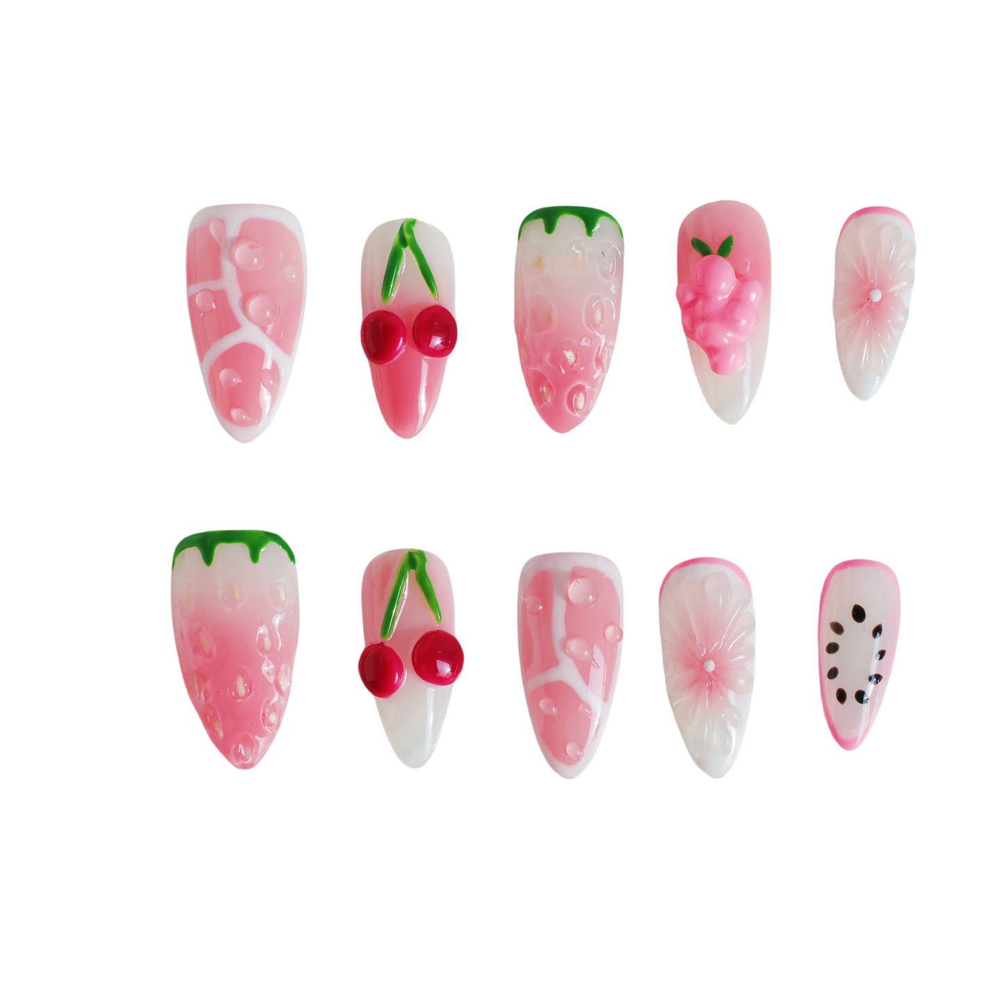 Strawberry Cherry Delight Press-On Nails – 3D Fruit & Floral Design