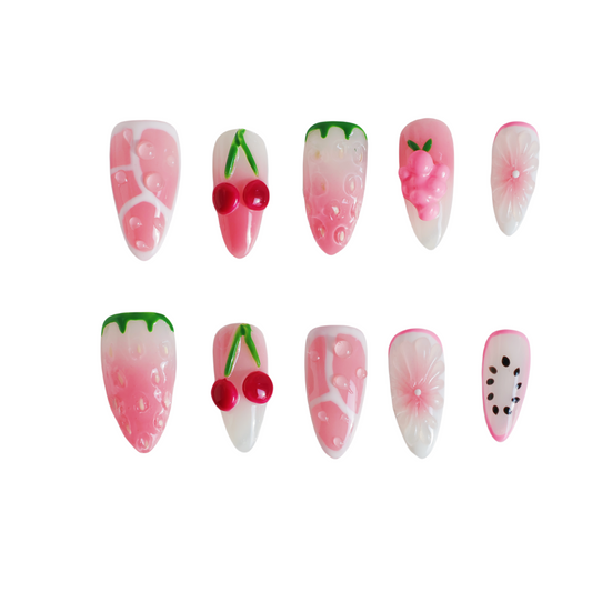 Strawberry Cherry Delight Press-On Nails – 3D Fruit & Floral Design