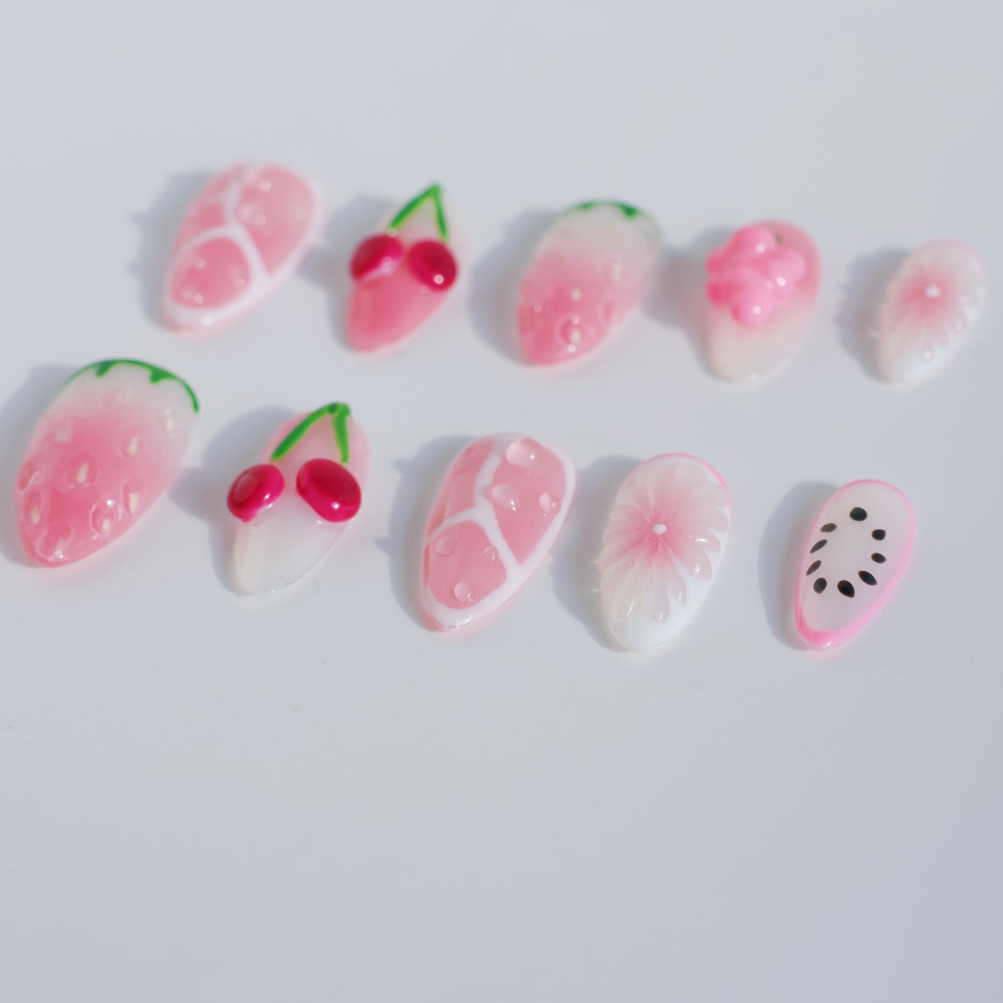 Strawberry Cherry Delight Press-On Nails – 3D Fruit & Floral Design