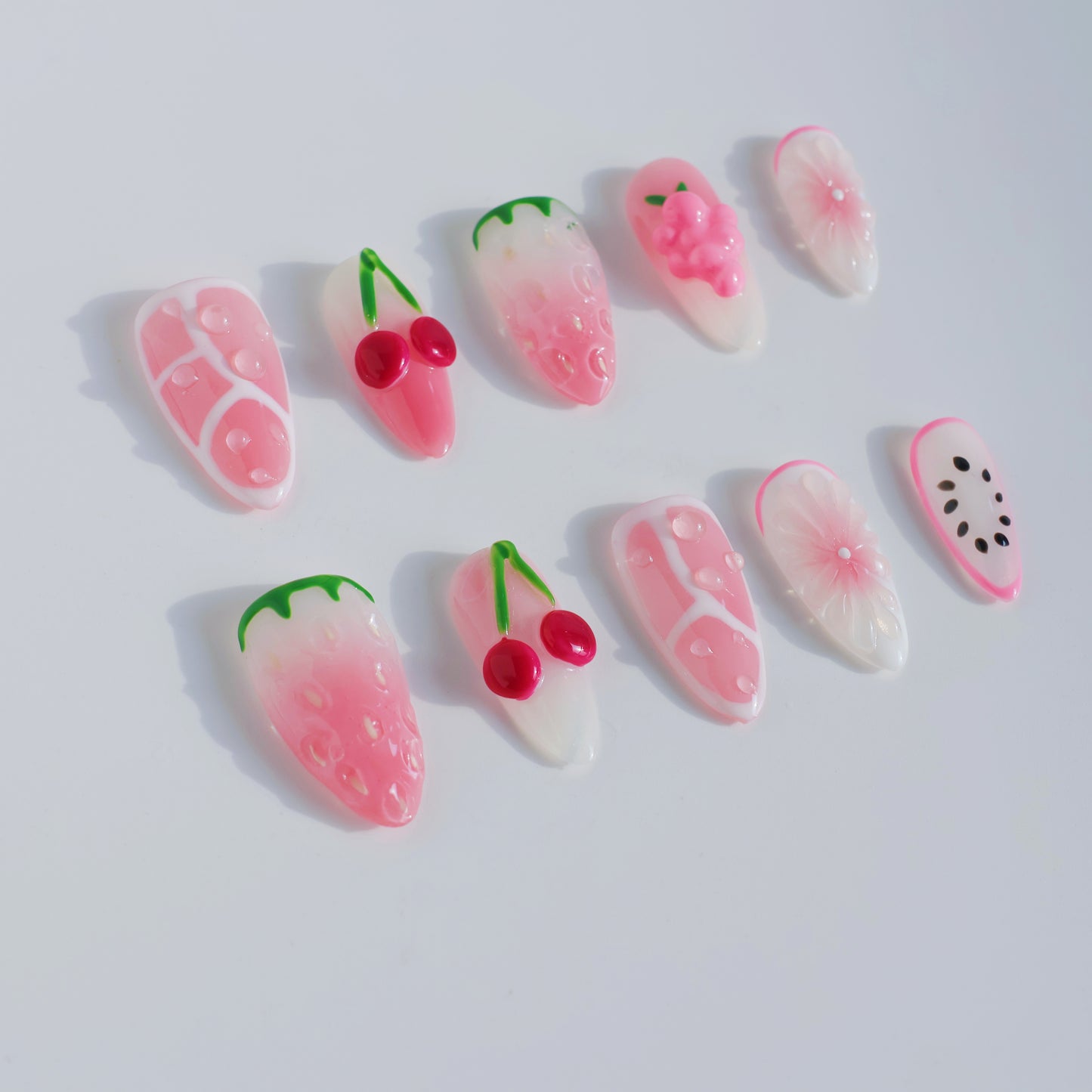 Strawberry Cherry Delight Press-On Nails – 3D Fruit & Floral Design